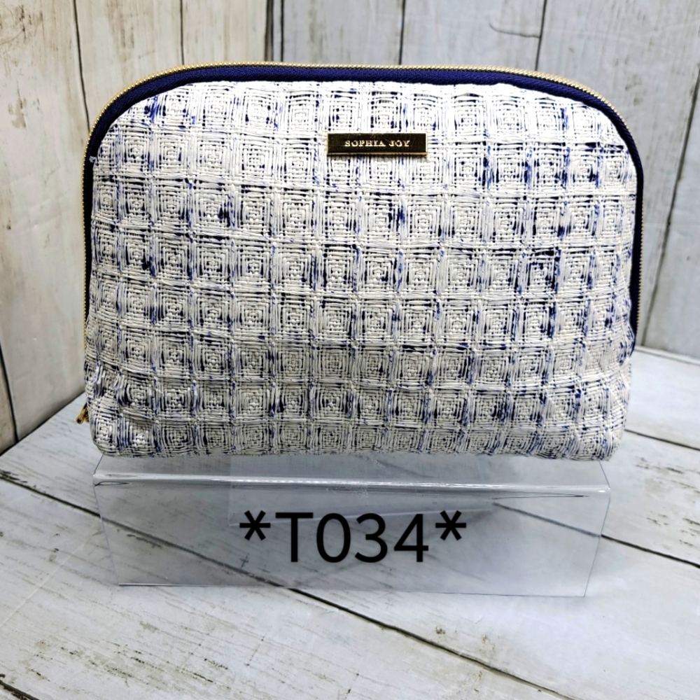 Sophia+Joy White Texture Blue Poly Lining MultiPocket Gold Zip Cosmetic Pouch - Picture 7 of 7